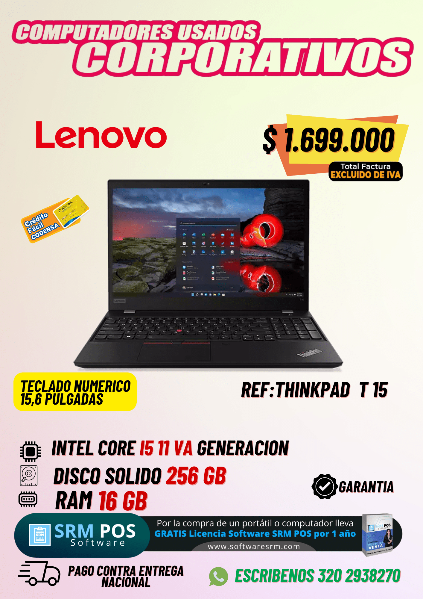 Lenovo ThinkPad T15 Core i5 11ª Gen | 16GB RAM | 256GB SSD | Portátil Corporativo 15.6”